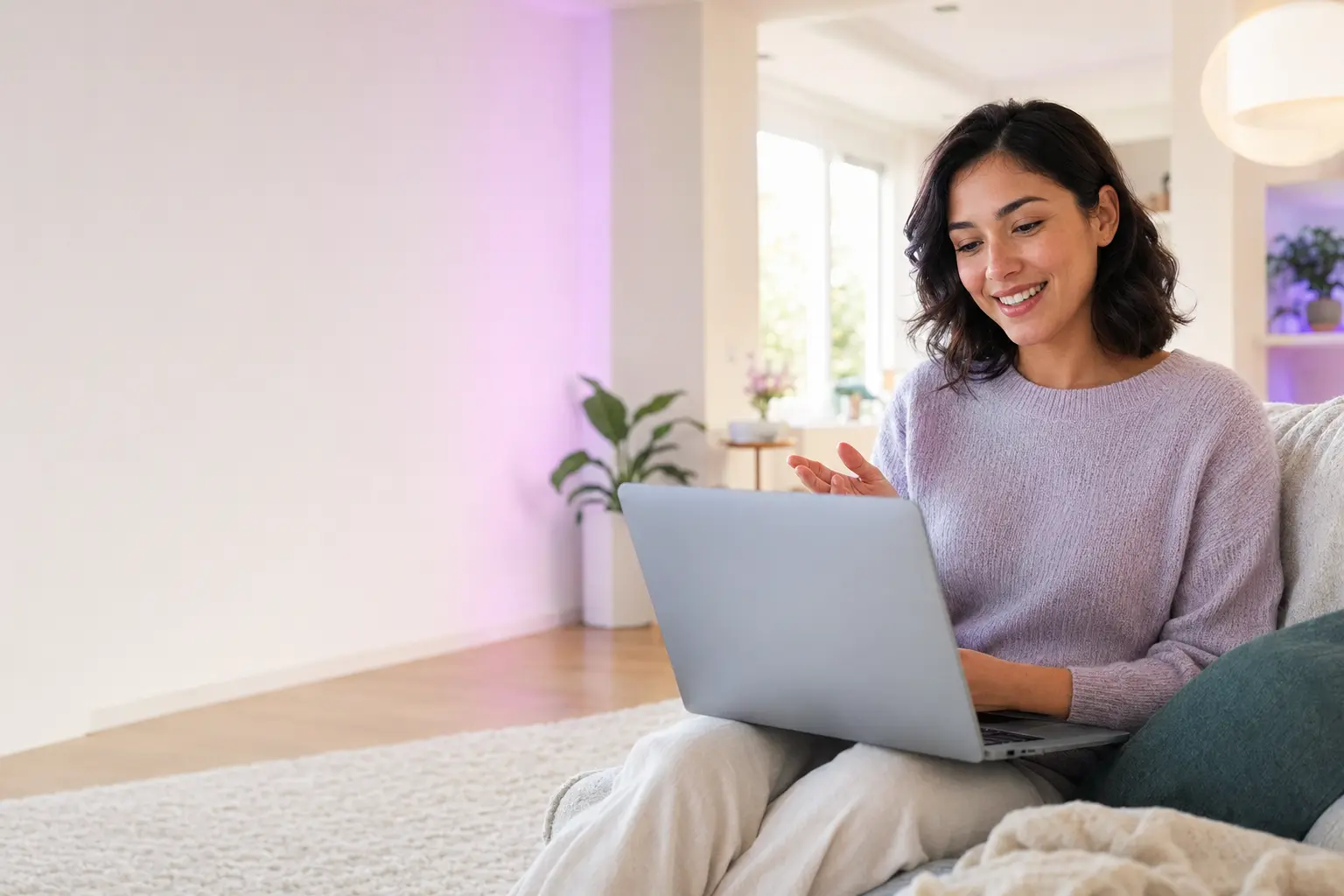 A woman smiling as she works with an AI receptionist on her laptop at home